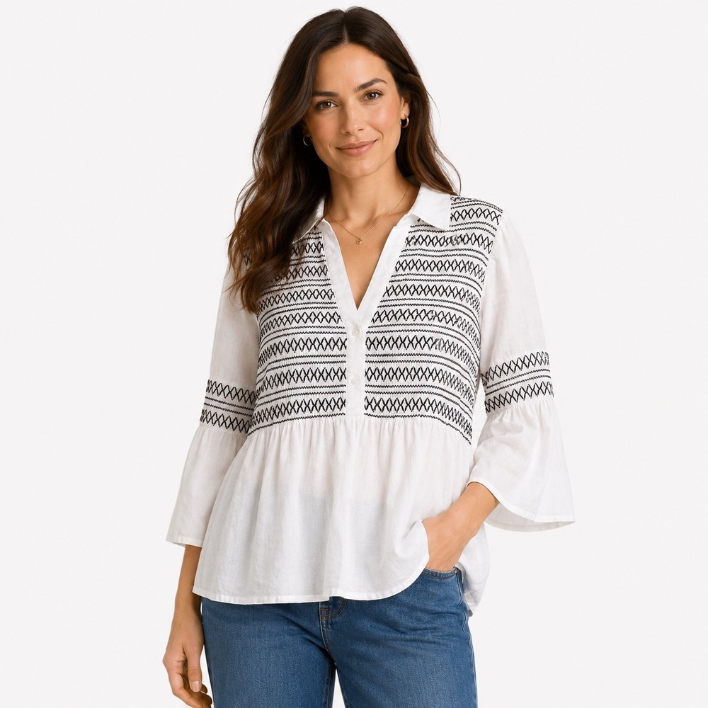 Cato Smocked Embroidered Tunic Womens XL White Boho Peplum Bell Sleeve Top